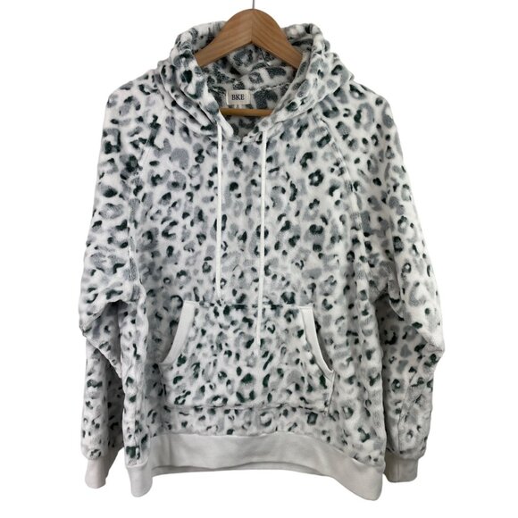 BKE Buckle Women Size Small White & Green Leopard Print Fleece Hoodie Sweatshirt - Picture 1 of 8